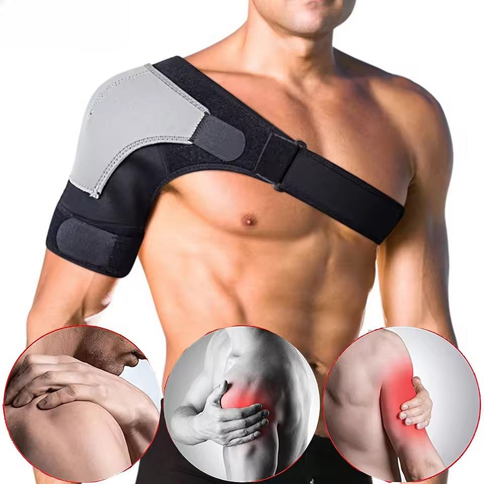 Schulterbandage aus Neopren mit Kompression und Kühlpad-Tasche für die linke oder rechte Schulter – Schulterbreite 25–40 cm, Doppelschnalle, Klett