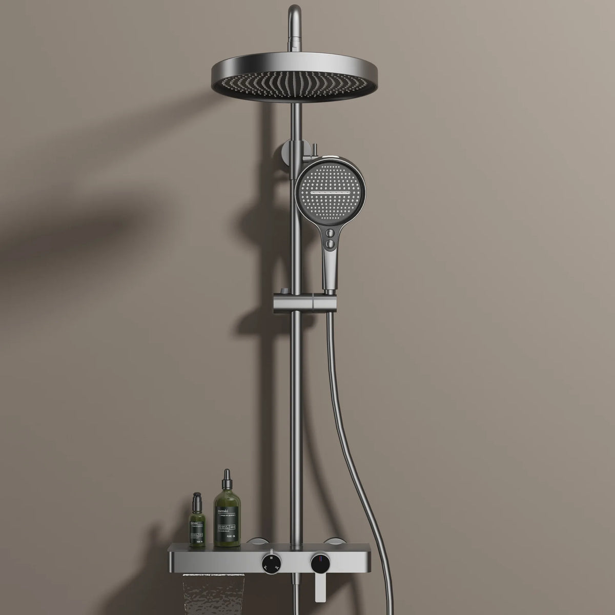 Aufputz-Duschsystem aus Messing mit Ablage und Knopfbedienung für das Badezimmer – 3 Funktionen, Kopfbrause 28 cm, Handbrause, Wannenstrahl, 6 Farben