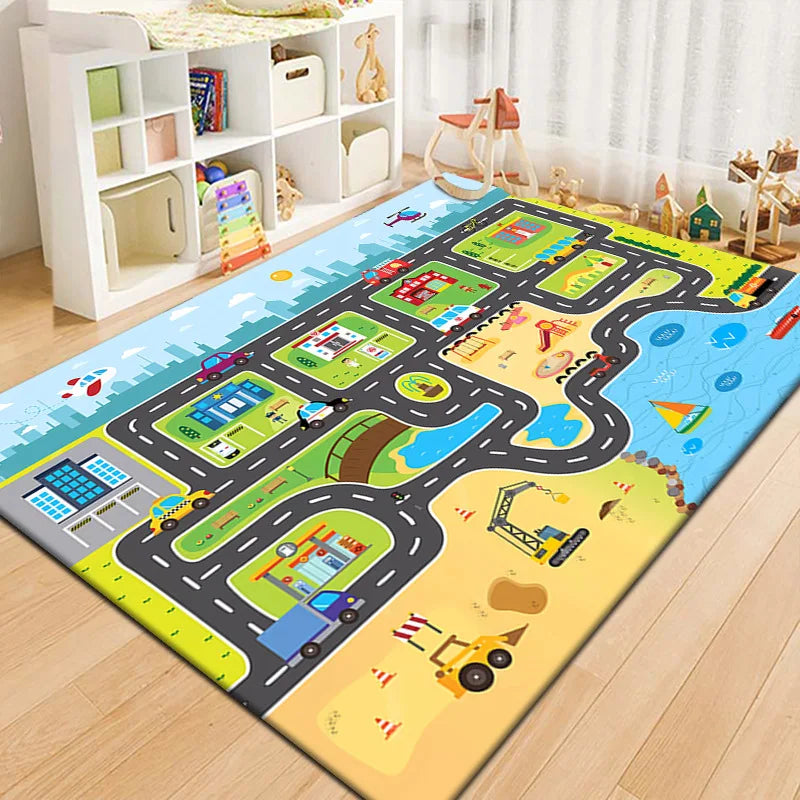 Spielteppich mit Straßen- und Landebahn-Motiv für Spielbereich und Wohnzimmer – 40 × 60 bis 160 × 230 cm, rutschfest, waschbar, 10 Motive