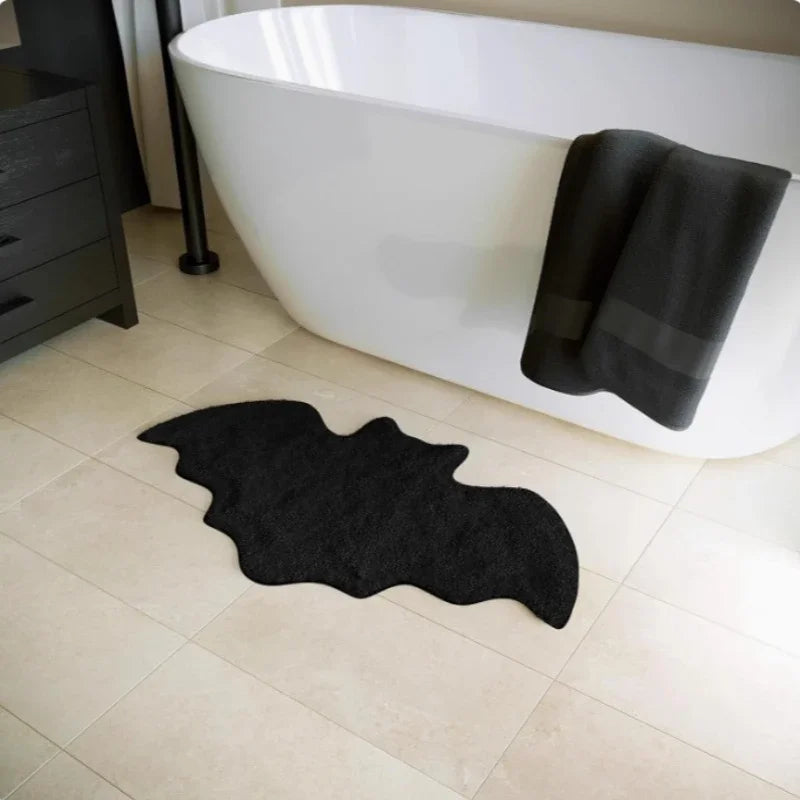 Halloween-Teppich mit Fledermaus- oder Spinnennetz-Motiv für Bad und Wohnzimmer – 40 × 60 oder 50 × 80 cm, Wildlederoptik, rutschfest, Schwarz