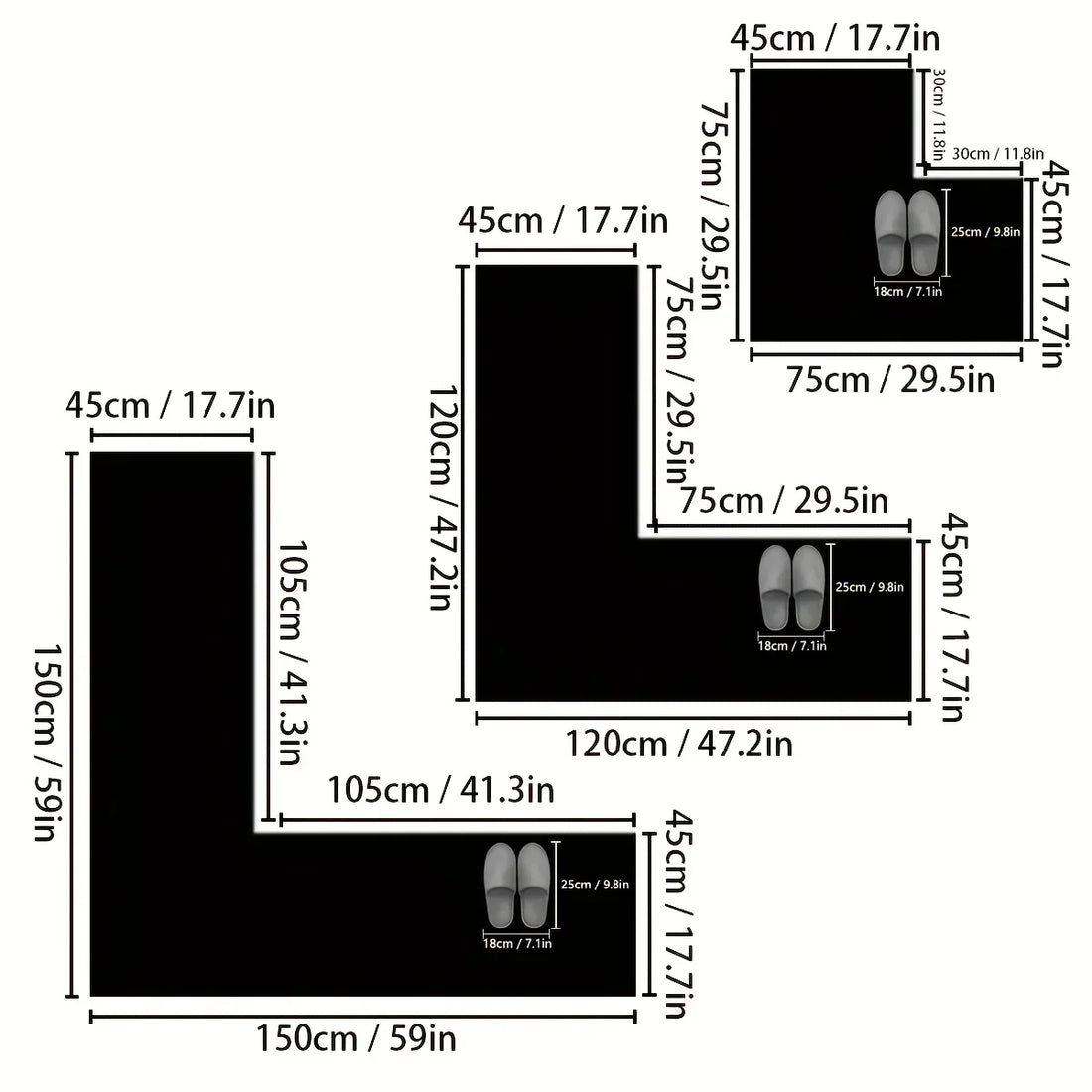 L-förmige Kieselgur-Küchenmatte für Küchenecke und Duschbereich – 75 × 75 bis 150 × 150 cm, 45 cm breit, saugfähig, rutschfest, 2 Farben