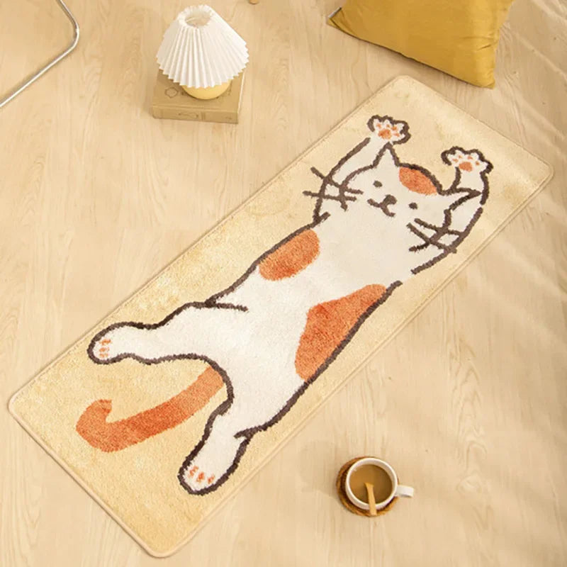 Langer Teppich mit Cartoon-Katzenmotiv als Bettvorleger für Schlafzimmer und Flur – 40 × 120 bis 60 × 180 cm, Kaschmir-Imitat, rutschfest, 4 Motive