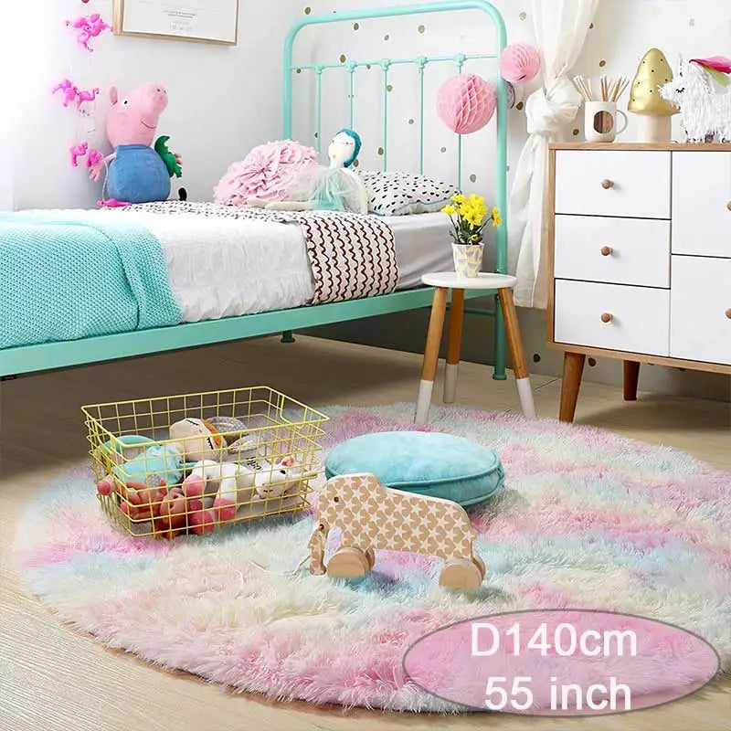 Runder Hochflorteppich in Regenbogenfarben für Kinderzimmer und Schlafzimmer – Ø 60 bis 160 cm, flauschig, Memory-Schaum, rutschfest