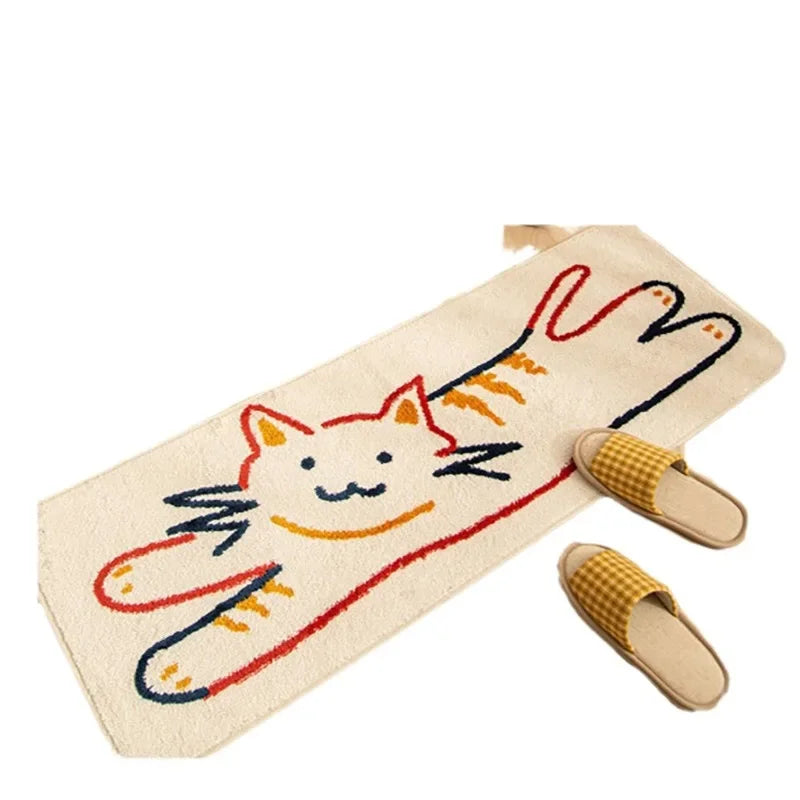 Langer Teppich mit Cartoon-Katzenmotiv als Bettvorleger für Schlafzimmer und Flur – 40 × 120 bis 60 × 180 cm, Kaschmir-Imitat, rutschfest, 4 Motive