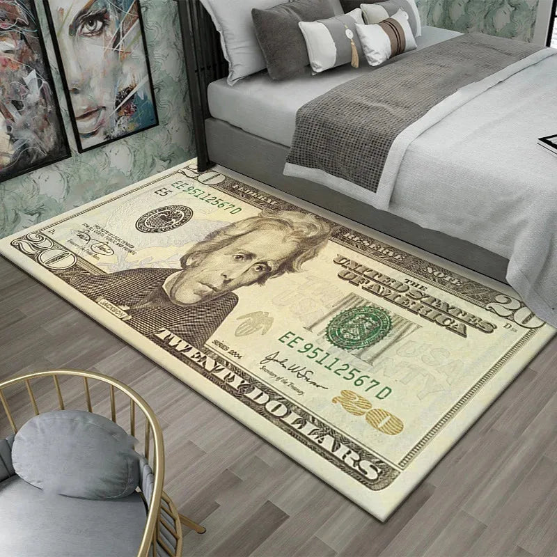 Teppich mit Dollarschein-Aufdruck aus Flanell für Schlafzimmer, Wohnzimmer und Büro – 40 × 60 bis 60 × 180 cm, rutschfeste Latexnoppen, 7 Motive