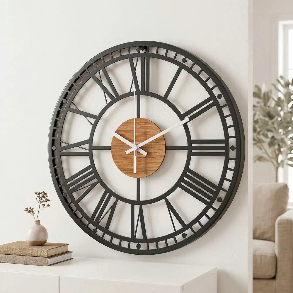 Retro-Wanduhr aus Metall mit römischen Ziffern und Holzmaserung im Landhausstil für das Wohnzimmer – Ø 34 cm, lautlos, Schwarz