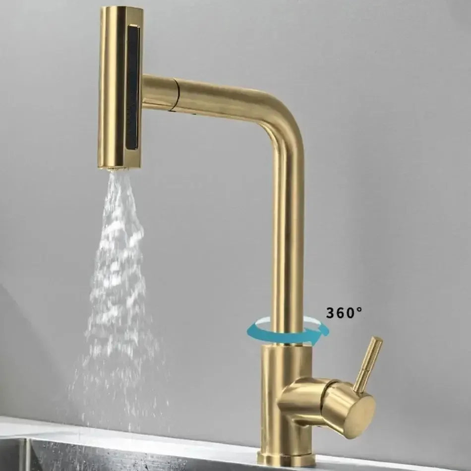 Ausziehbare Küchenarmatur aus Edelstahl 304 mit Schwenk-Sprühkopf für die Spüle – 360° drehbar, Wasserfall- und Brausestrahl, Einhebelmischer, Gold