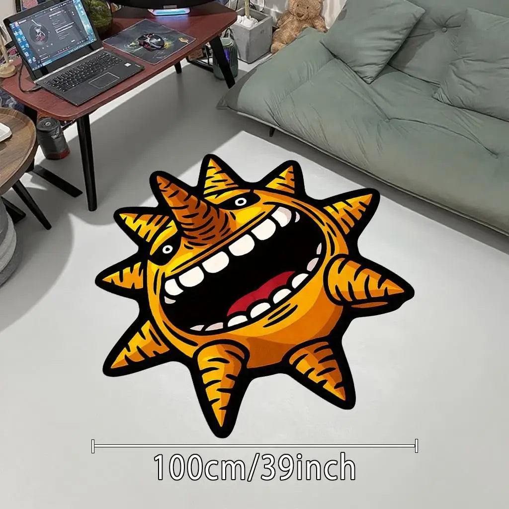 Kreativer Sonnen-Teppich im Anime-Stil in Orange für Wohnzimmer, Schlafzimmer und Jugendzimmer – 50 × 50 bis 120 × 120 cm, Sonderform, rutschfest