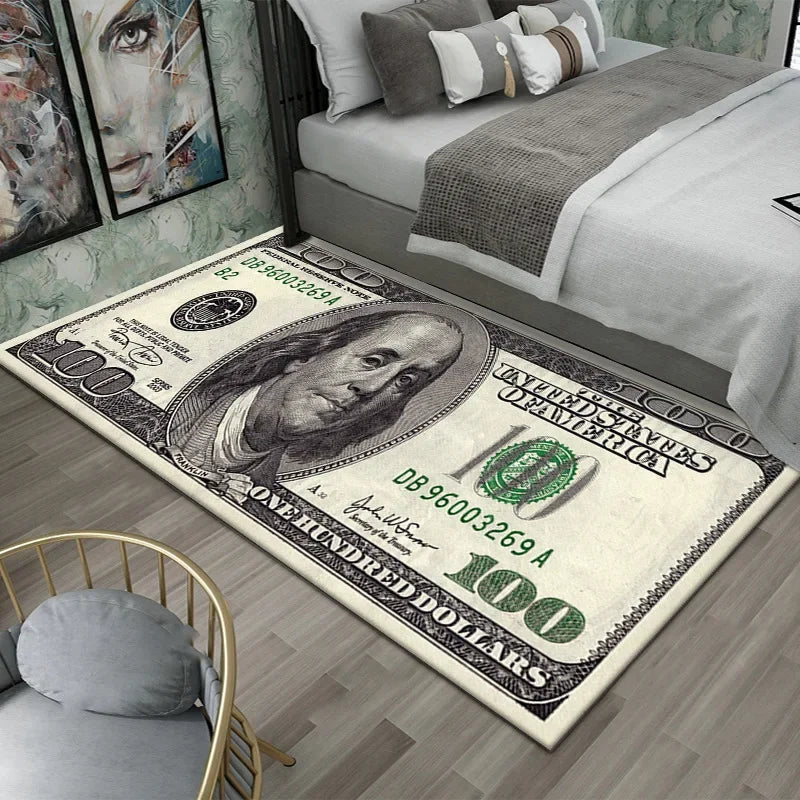 Teppich mit Dollarschein-Aufdruck aus Flanell für Schlafzimmer, Wohnzimmer und Büro – 40 × 60 bis 60 × 180 cm, rutschfeste Latexnoppen, 7 Motive