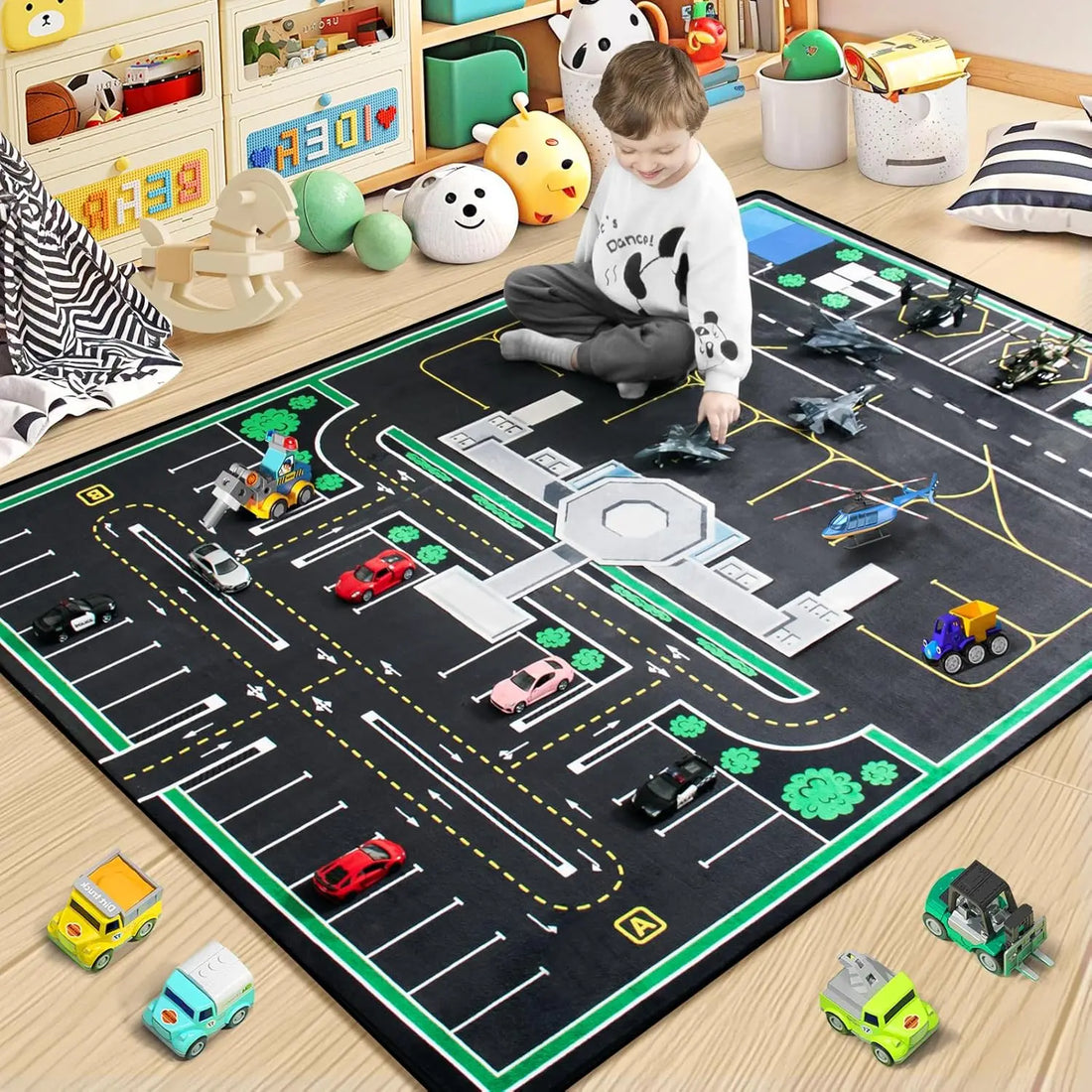 Kinder-Spielteppich mit Rennstrecke und Verkehrszeichen für Kinderzimmer und Wohnzimmer – 50 × 80 bis 120 × 160 cm, weich, rutschfest, 4 Motive