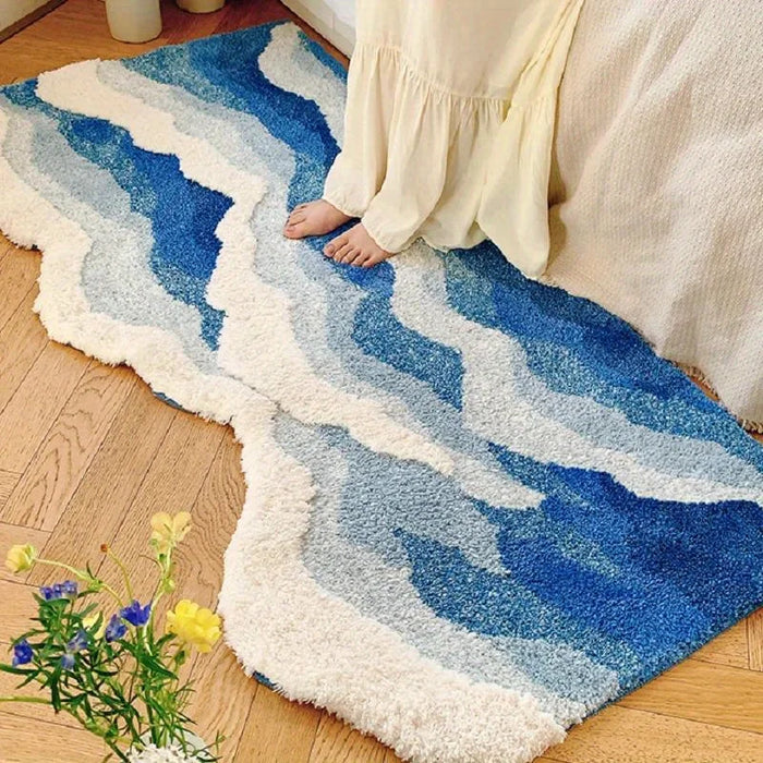Flurteppich mit blauen Meereswellen und welligem Rand für Korridor und Schlafzimmer – 50 × 80 bis 70 × 160 cm, weicher Flor, Acryl, rutschfest