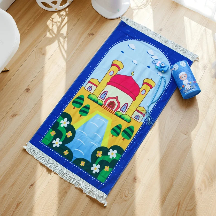Gebetsteppich für Kinder im 4-teiligen Geschenkset zum Ramadan mit Gebetskette – 50 × 95 cm, Polyester, rutschfest, tragbar, Blau oder Rosa