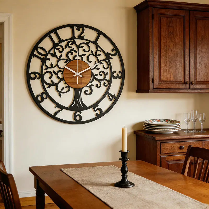 Wanduhr aus Eisen mit Lebensbaum-Motiv als Wandkunst für Wohnzimmer und Schlafzimmer – Ø 30 bis 40 cm, rund, geräuschlos, Schwarz