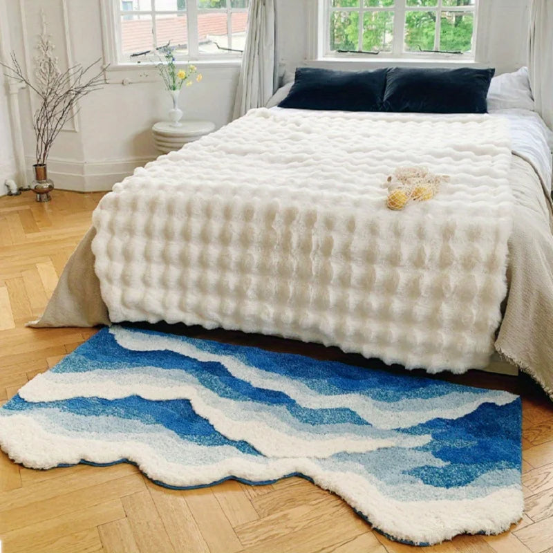 Teppich mit blauem Meereswellen-Motiv in unregelmäßiger Wellenform für Schlafzimmer, Flur und Eingang – 50 × 80 bis 70 × 160 cm, rutschfest, waschbar