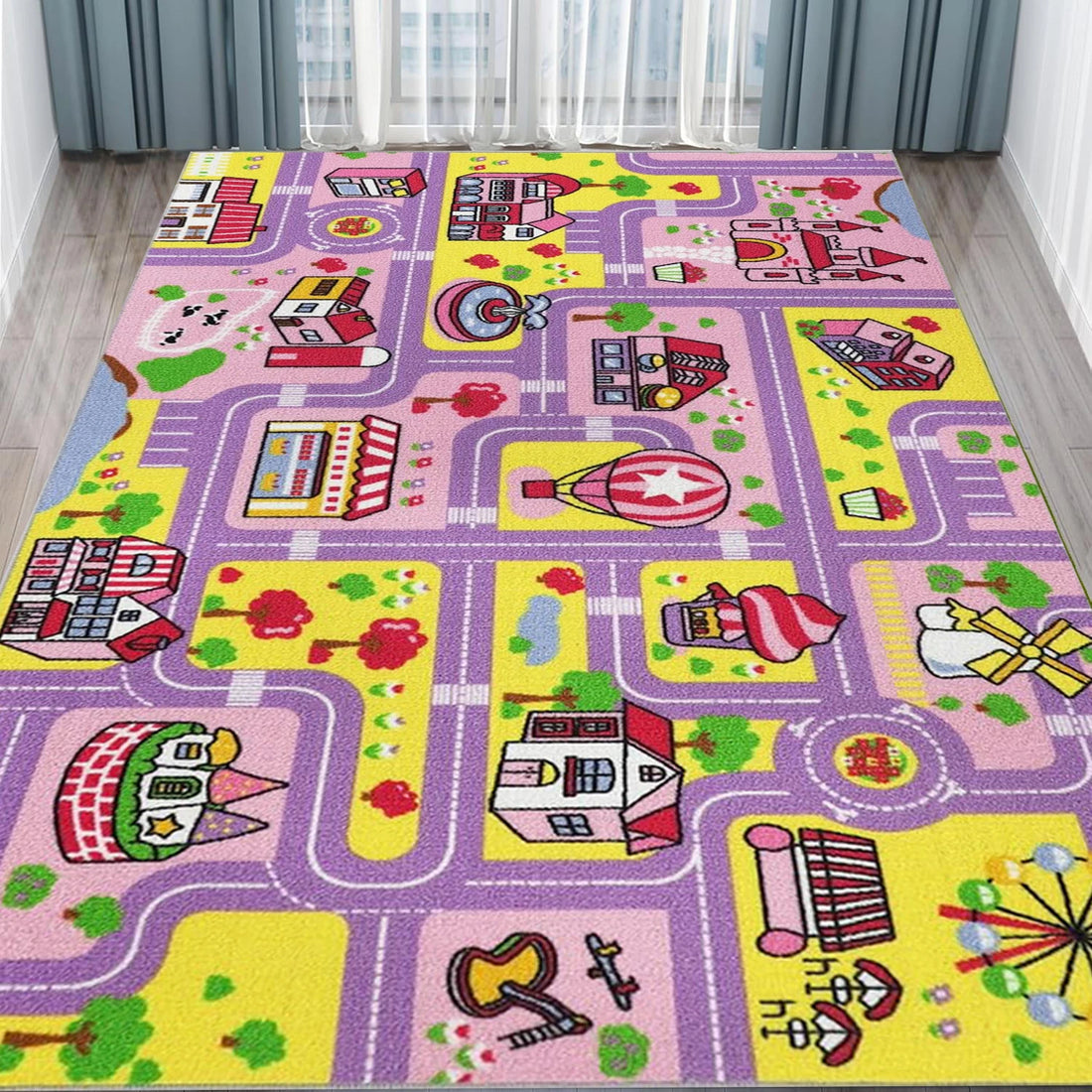 Spielteppich mit Stadtplan aus Straßen und Gebäuden für Spielbereich und Wohnzimmer – 40 × 60 bis 120 × 160 cm, Flanell, rutschfest, 4 Motive