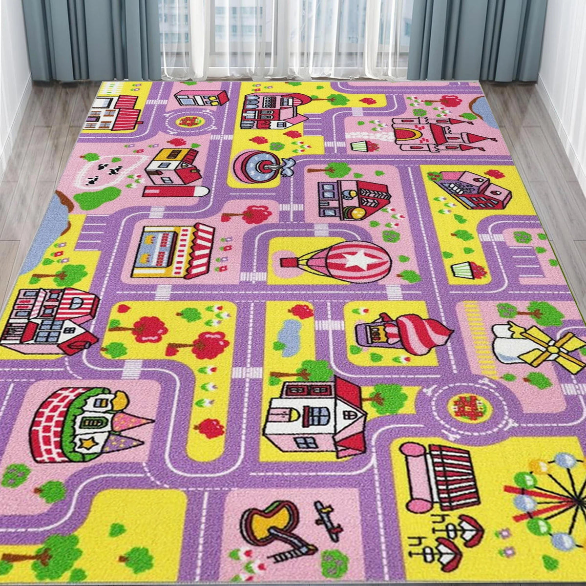 Spielteppich mit Stadtplan aus Straßen und Gebäuden für Spielbereich und Wohnzimmer – 40 × 60 bis 120 × 160 cm, Flanell, rutschfest, 4 Motive