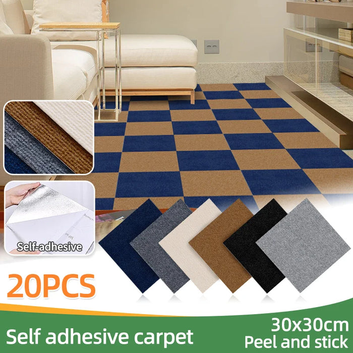 Selbstklebende Teppichfliesen im 20er-Set für Wohnzimmer, Schlafzimmer und Innenräume – je 30 × 30 cm, abnehmbar, quadratisch, EVA-Rücken, Braun