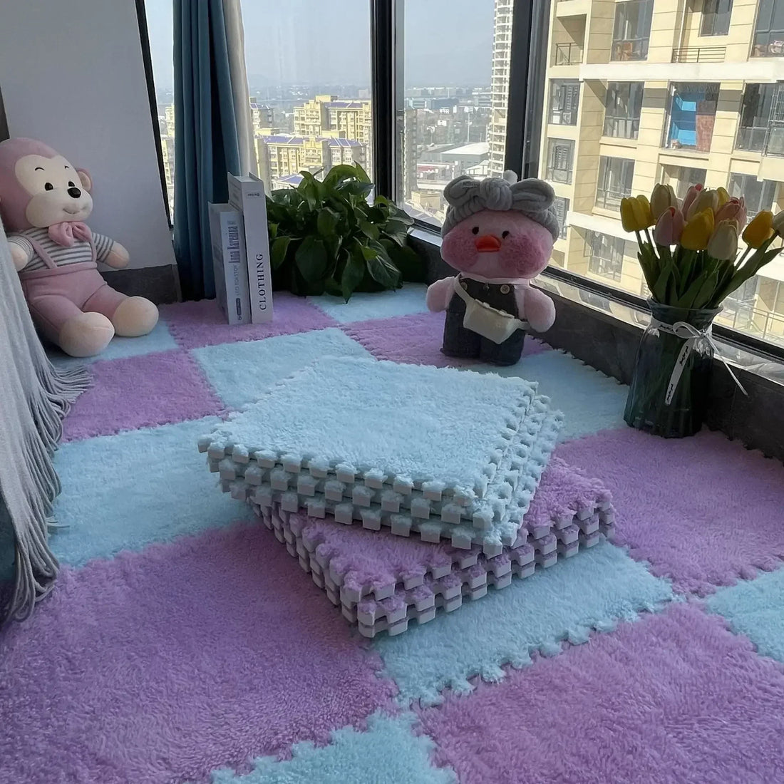 Weiche Spielmatte aus Plüsch-Puzzlefliesen mit EVA-Schaumkern für Babys und Kinder – 30 × 30 × 1 cm, zuschneidbar, 10 oder 20 Stück, 23 Farben