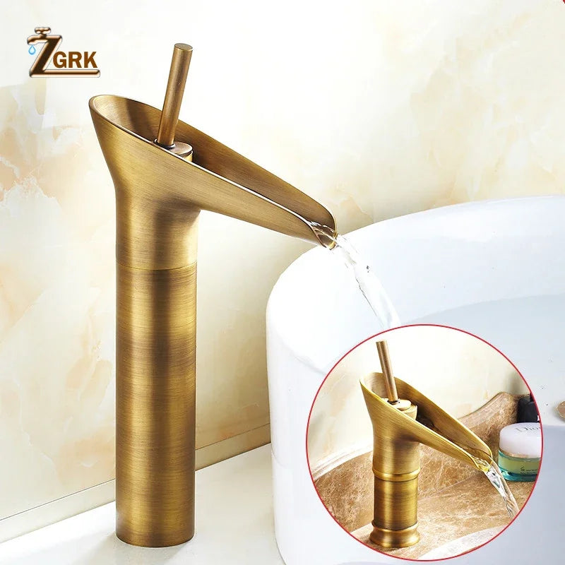 Klassische Waschtischarmatur aus Messing im Antik-Stil für das Badezimmer – Wasserfall-Auslauf, Einloch, Warm- und Kaltwasser, 13 Ausführungen
