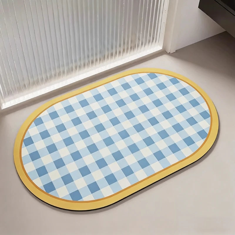 Saugfähige Badematte aus Kieselgur mit kariertem Farbblock-Muster für Bad und Küche – 45 × 75 bis 160 × 230 cm, rutschfest, 4 mm, 4 Motive