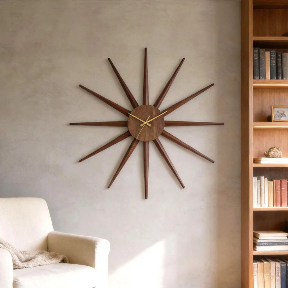 Sonnen-Wanduhr aus Walnussholz mit 12 Speichen im Mid-Century-Stil für Wohnzimmer und Eingangsbereich – 72 × 72 cm, lautlos, 2 Ausführungen