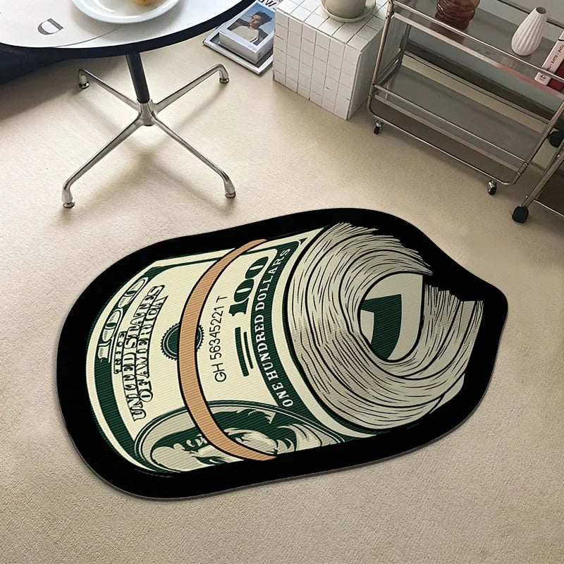 Teppich in Form von Dollar-Geldbündeln für Schlafzimmer, Wohnzimmer und Eingang – 40 × 60 bis 80 × 120 cm, Sonderform, rutschfeste Noppen, 9 Motive