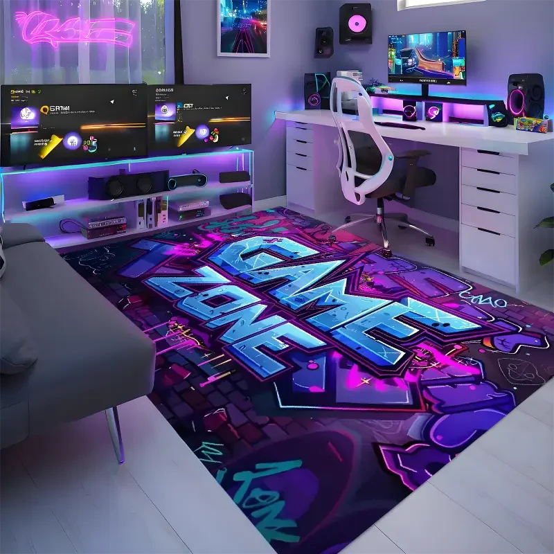 Bunter Teppich mit Gamepad-Muster im Gaming-Look für Wohnzimmer und Schlafzimmer – 40 × 60 bis 120 × 160 cm, Flanell, rutschfest, 4 Motive