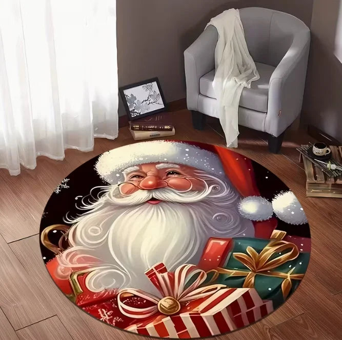 Runder Weihnachtsteppich mit Weihnachtsmann und Schneeflocken für Wohnzimmer und Spielzimmer – Ø 40 bis 120 cm, Flanell, rutschfest, 4 Motive