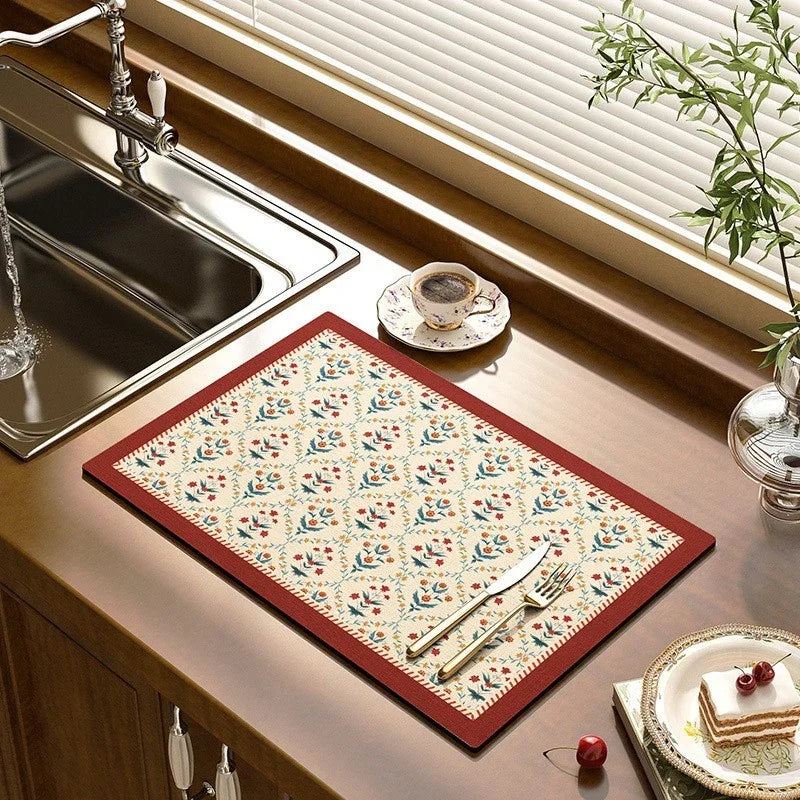 Saugfähige Abtropfmatte für Geschirr, Tassen und Flaschen auf der Küchenarbeitsplatte – 30 × 40 bis 40 × 60 cm, Gummirückseite, rutschfest, 17 Motive