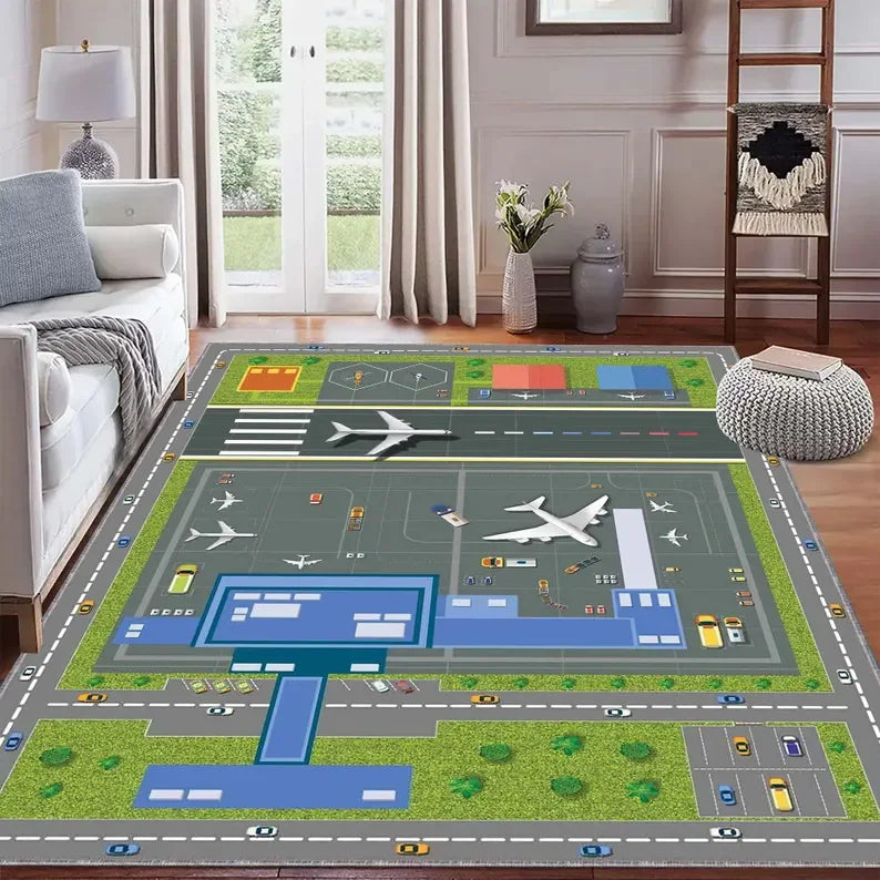 Kinder-Spielteppich mit Flughafen- und Landebahn-Motiv für Kinderzimmer und Wohnzimmer – 40 × 60 bis 120 × 160 cm, rechteckig, rutschfest, 6 Motive