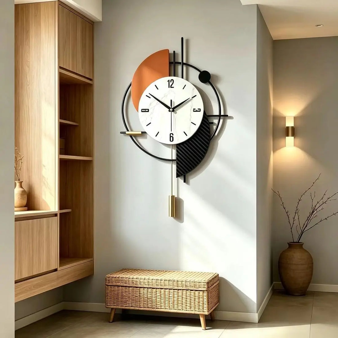 Wanduhr aus Metall mit Pendel für Wohnzimmer und TV-Wand – 52 × 34 cm, geometrisch, rundes Zifferblatt, geräuschloses Quarzwerk, 2 Modelle