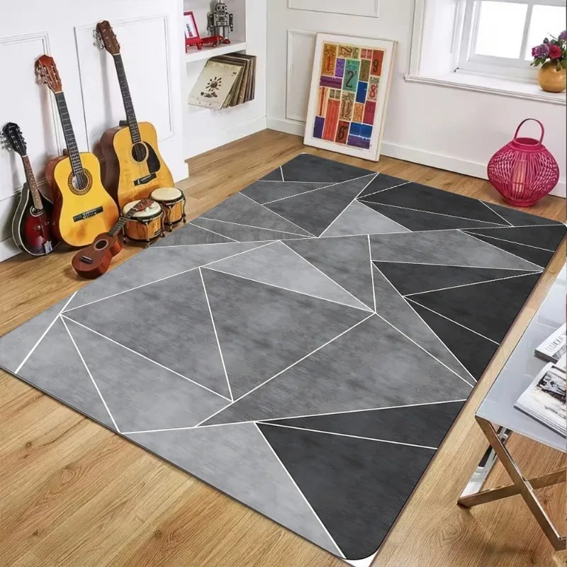 Geometrischer Teppich in Grau und Gelb mit kontrastierenden Linien für Wohn- und Schlafzimmer – 30 × 50 bis 50 × 80 cm, Flanell, rutschfest, 4 Motive