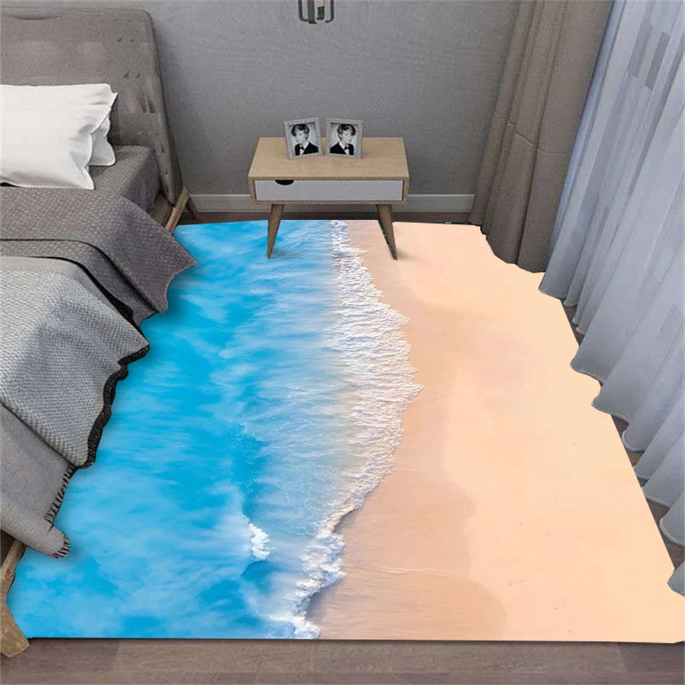 Teppich mit Strand-, Wellen- und Muschel-Motiv für Wohnzimmer, Küche und Flur – 40 × 60 bis 120 × 160 cm, rechteckig, Flanell, rutschfest, 7 Motive