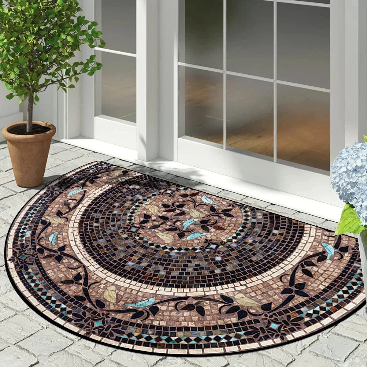 Halbrunde Fußmatte mit Mosaik-Blumenmuster im Vintage-Stil für Eingang, Veranda und Balkon – 40 × 60 bis 60 × 90 cm, rutschfest, 10 Motive