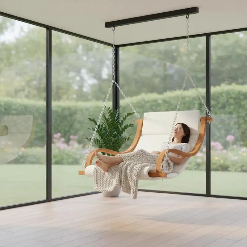 Hängesessel aus massivem Bugholz mit Polsterauflage für Terrasse, Garten und Balkon – ohne Gestell, mit Ketten, geschwungene Armlehnen, 2 Farben