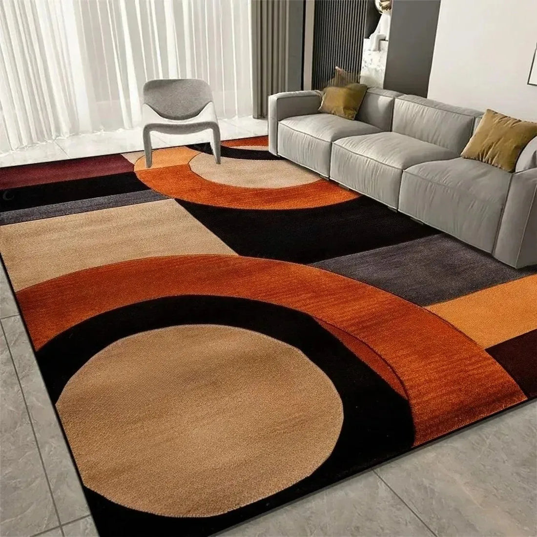Moderner Teppich mit abstraktem Kurvenmuster in Orange, Beige und Schwarz für Wohnzimmer und Schlafzimmer – 40 × 60 bis 120 × 160 cm, rutschfest
