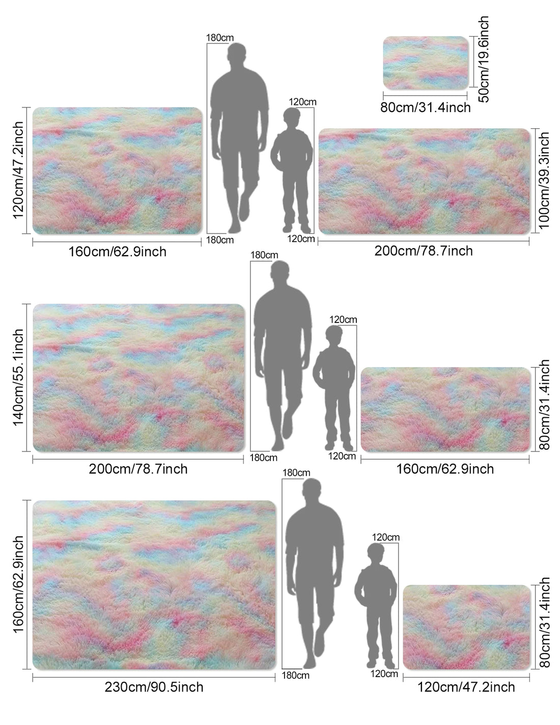 Hochflor-Kinderteppich in Batik- und Regenbogenfarben für Mädchenzimmer und Wohnzimmer – 50 × 80 bis 160 × 230 cm, 3,5 cm Flor, rutschfest, 8 Farben