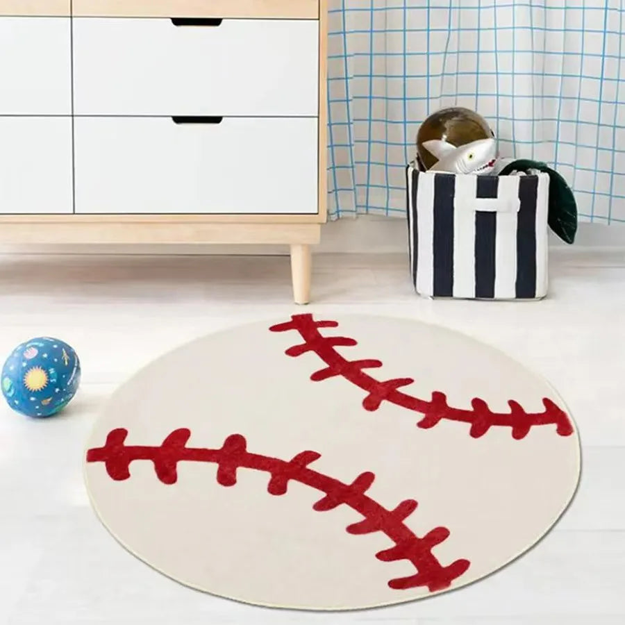 Runder Flanell-Teppich mit Ballmotiv für Kinderzimmer, Schlafzimmer und unter den Stuhl – Ø 40 bis 120 cm, Basketball, Fußball, Baseball, rutschfest