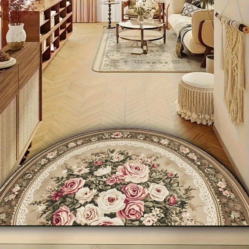 Halbrunder Vintage-Teppich mit romantischem Rosenmuster für Eingang, Schlafzimmer und Wohnzimmer – 40 × 60 bis 60 × 90 cm, weich, rutschfest