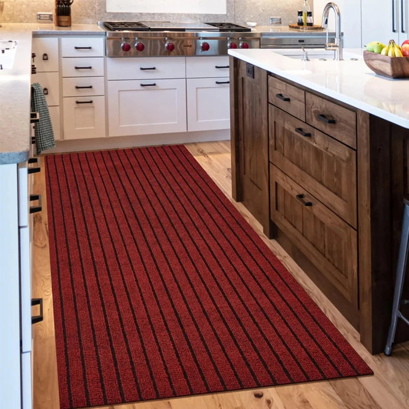 Gestreifter Läufer aus Polyester mit Gummirücken für Küche, Flur und Eingang – 40 × 80 bis 50 × 300 cm, 0,6 cm dick, rutschfest, Rot, Braun, Grau