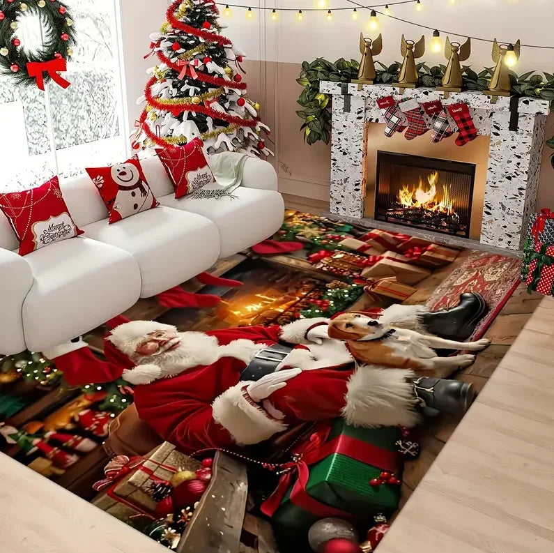 Weihnachtsteppich in Rot mit Christbaumkugeln, Tannenzweigen und Schneeflocken für Wohnzimmer und Haustür – 40 × 60 bis 120 × 160 cm, rutschfest
