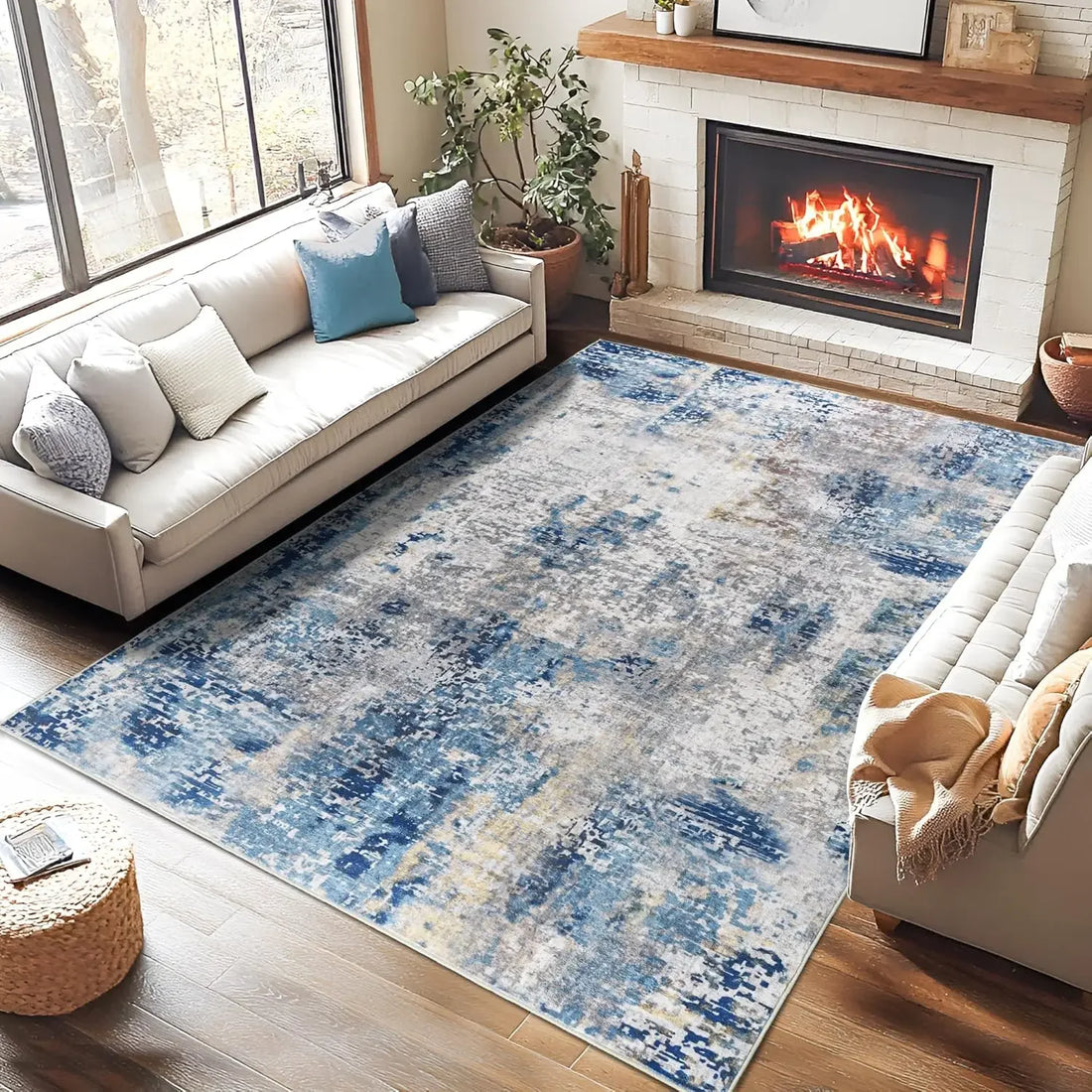 Abstrakter Kurzflorteppich in Blau im modernen Stil für Wohnzimmer und Schlafzimmer – 80 × 120 bis 120 × 180 cm, 6 mm, rutschfest, waschbar, 4 Motive
