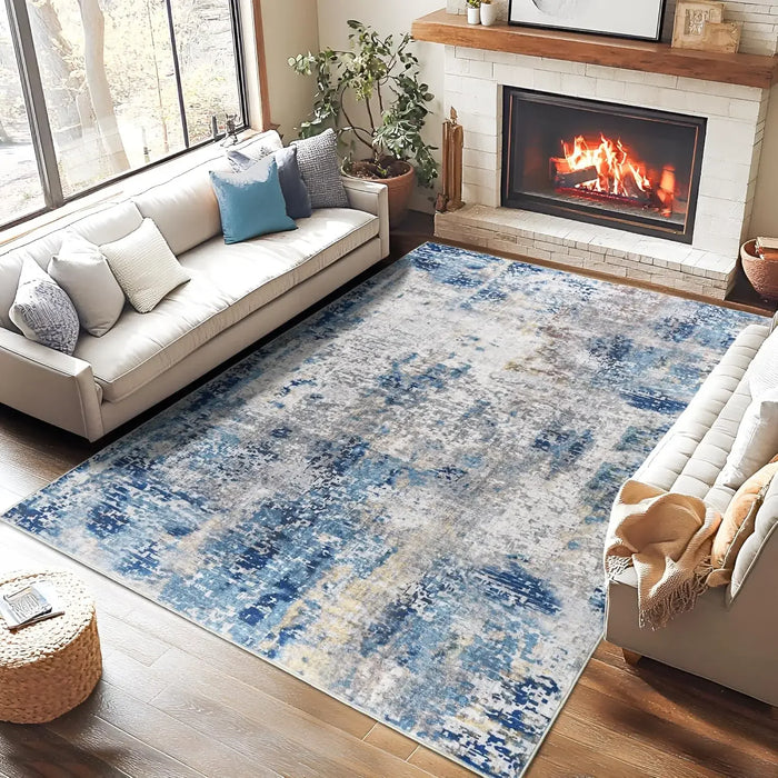Abstrakter Kurzflorteppich in Blau im modernen Stil für Wohnzimmer und Schlafzimmer – 80 × 120 bis 120 × 180 cm, 6 mm, rutschfest, waschbar, 4 Motive
