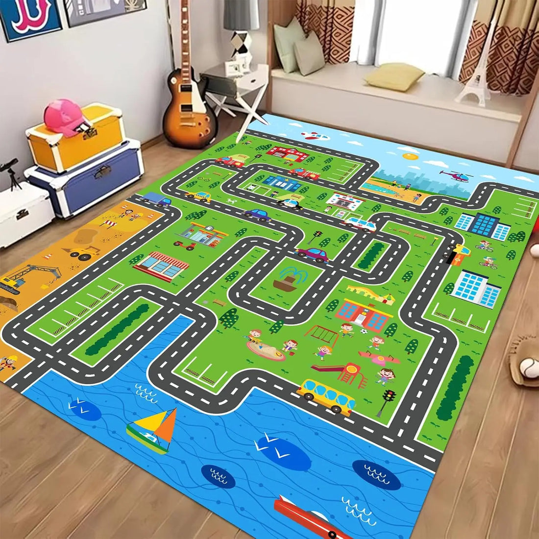 Kinderspielteppich mit Straßen- und Stadtverkehr-Motiv für Kinderzimmer und Wohnzimmer – 40 × 60 bis 120 × 160 cm, Flanell, rutschfest, 5 Motive