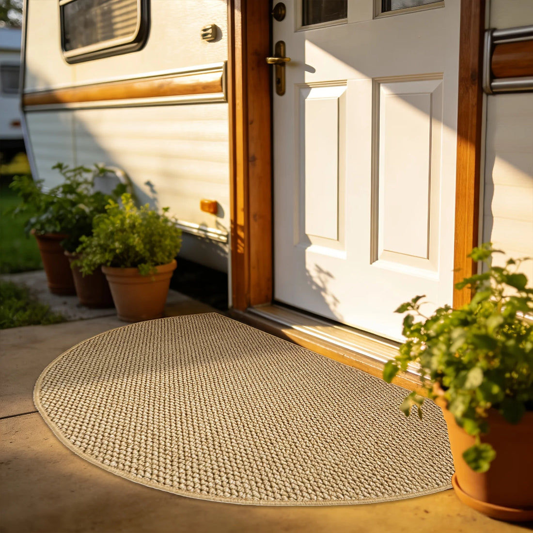 Halbrunde Fußmatte in Jute-Optik für Haustür, Eingang und Bad – 40 × 60 bis 80 × 120 cm, 6–7 mm flach, rutschfeste TPR-Rückseite, waschbar, Braun