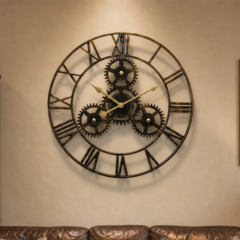 Große Wanduhr im Industrie-Vintage-Stil mit Zahnrad-Optik für Wohnzimmer und Flur – Ø 40 bis 60 cm, Metall, römische Ziffern, Gold oder Antikgold