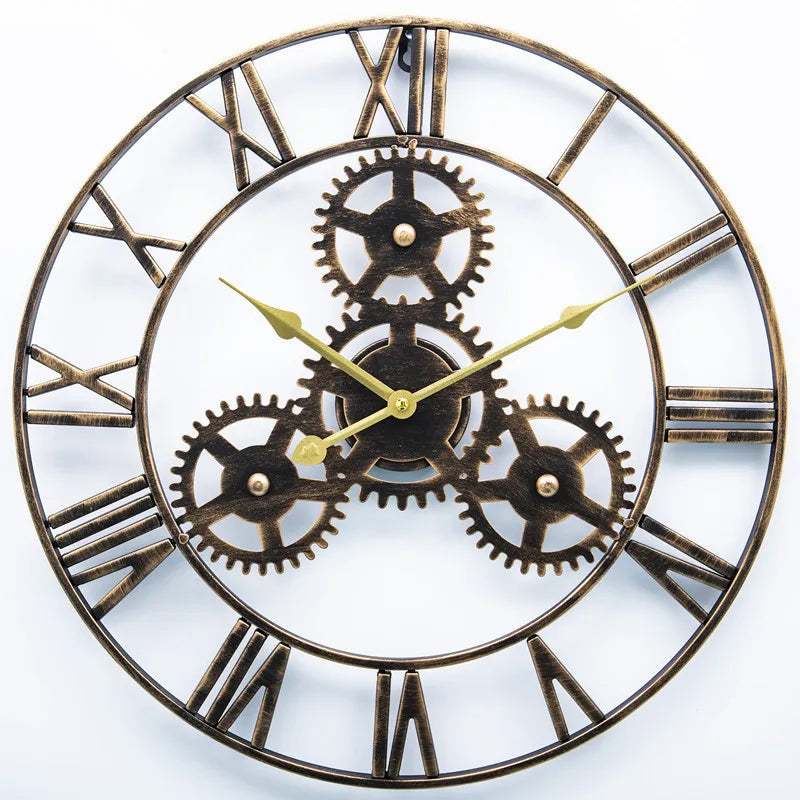 Große Wanduhr im Industrie-Vintage-Stil mit Zahnrad-Optik für Wohnzimmer und Flur – Ø 40 bis 60 cm, Metall, römische Ziffern, Gold oder Antikgold