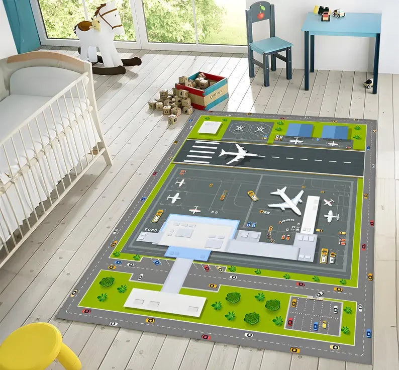 Kinder-Spielteppich mit Flughafen- und Landebahn-Motiv für Kinderzimmer und Wohnzimmer – 40 × 60 bis 120 × 160 cm, rechteckig, rutschfest, 6 Motive