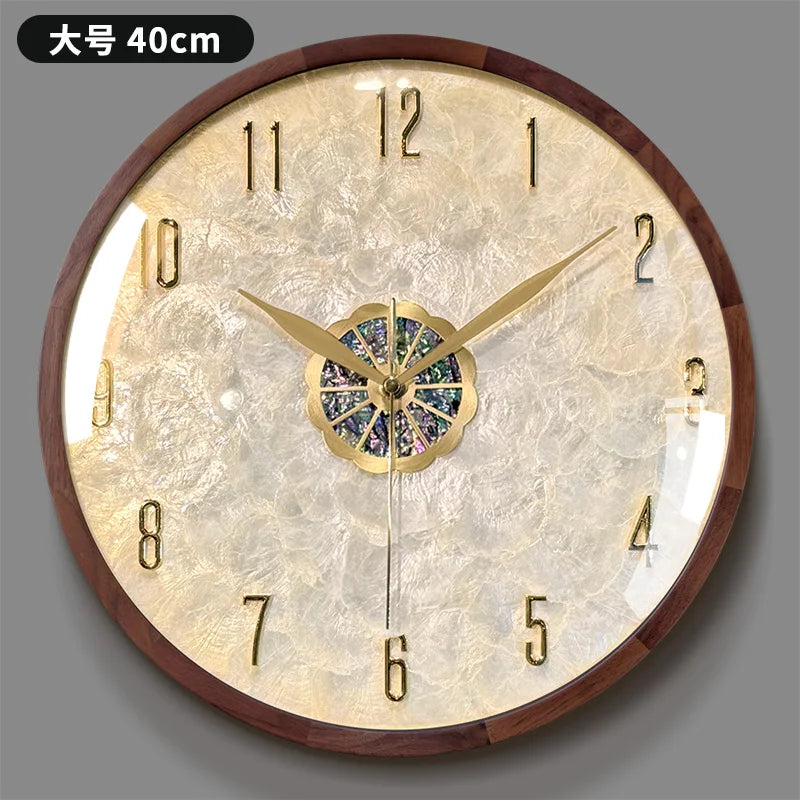 Runde Wanduhr aus Massivholz und Muschel im modernen Stil für das Wohnzimmer – 32,5 bis 40 cm, Glas, Zeigeranzeige, batteriebetrieben, 7 Ausführungen