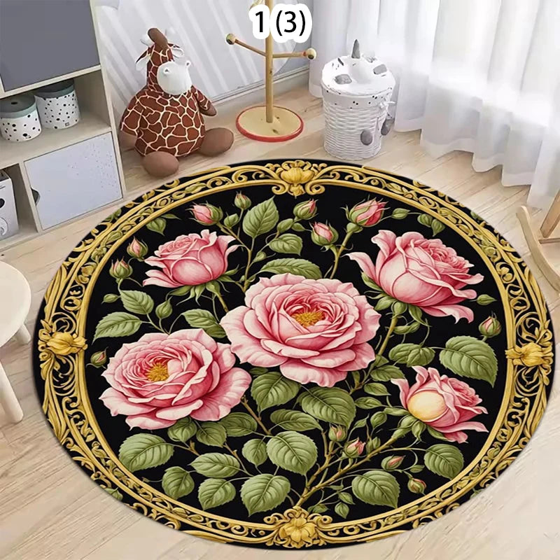 Runder Teppich mit Rosenmotiv im barocken Vintage-Stil für Wohnzimmer und Schlafzimmer – Ø 40 bis 120 cm, goldfarbener Ornamentrahmen, 4 Motive